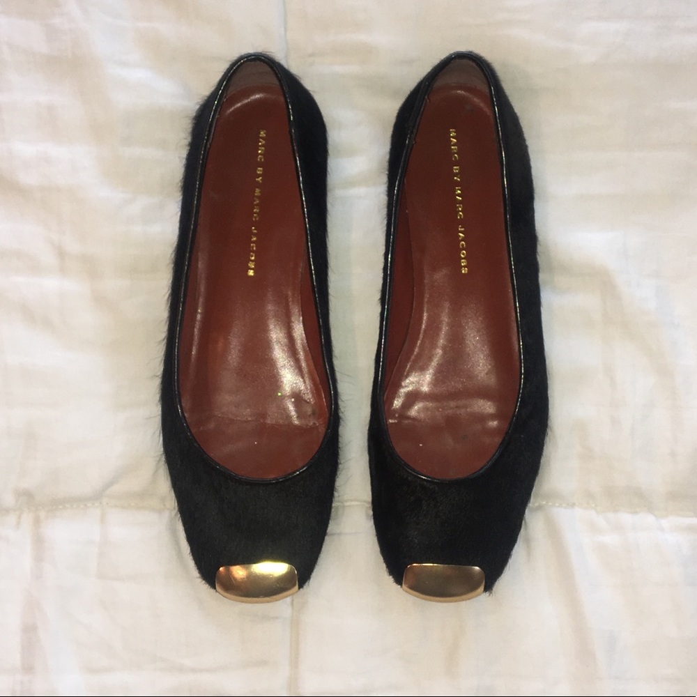 Gold-Toe Black Faux Fur Flats